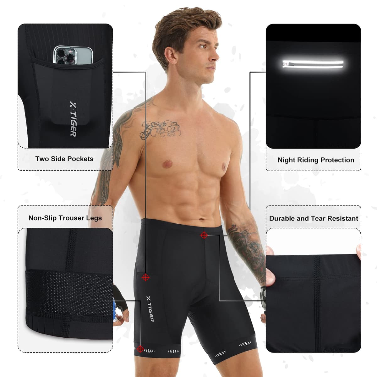 X-TIGER Culotte Ciclismo Hombre con 5D Gel Acolchado MTB Ciclismo Pantalones Cortos Transpirable Secado Rápido con 3 Bolsillos — view 3