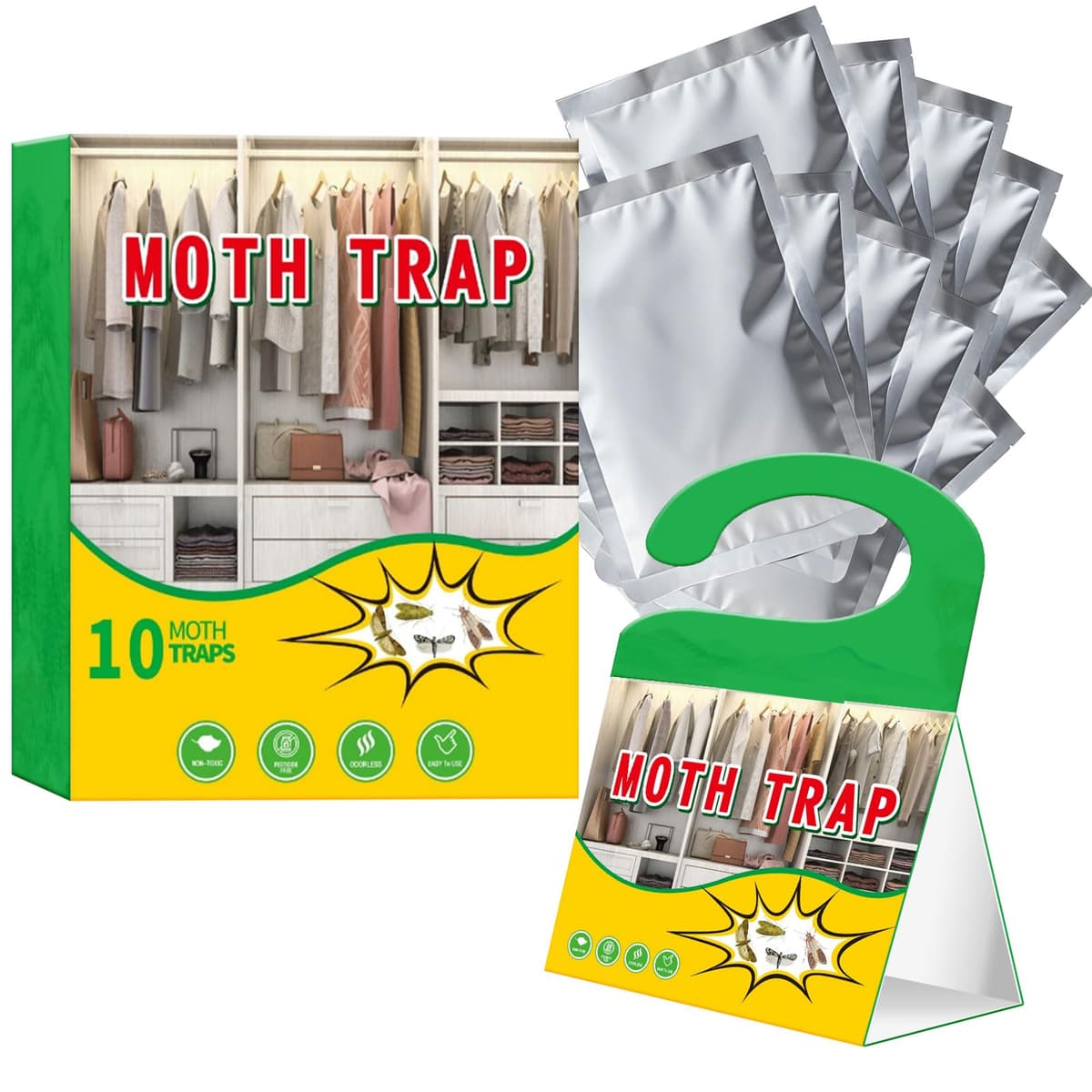 Moth Traps Premium Pheromone Sticky, Non-Toxic & Odorless Moth Catchers for Wardrobes, Carpets, Clothing & Homes (10 Traps)