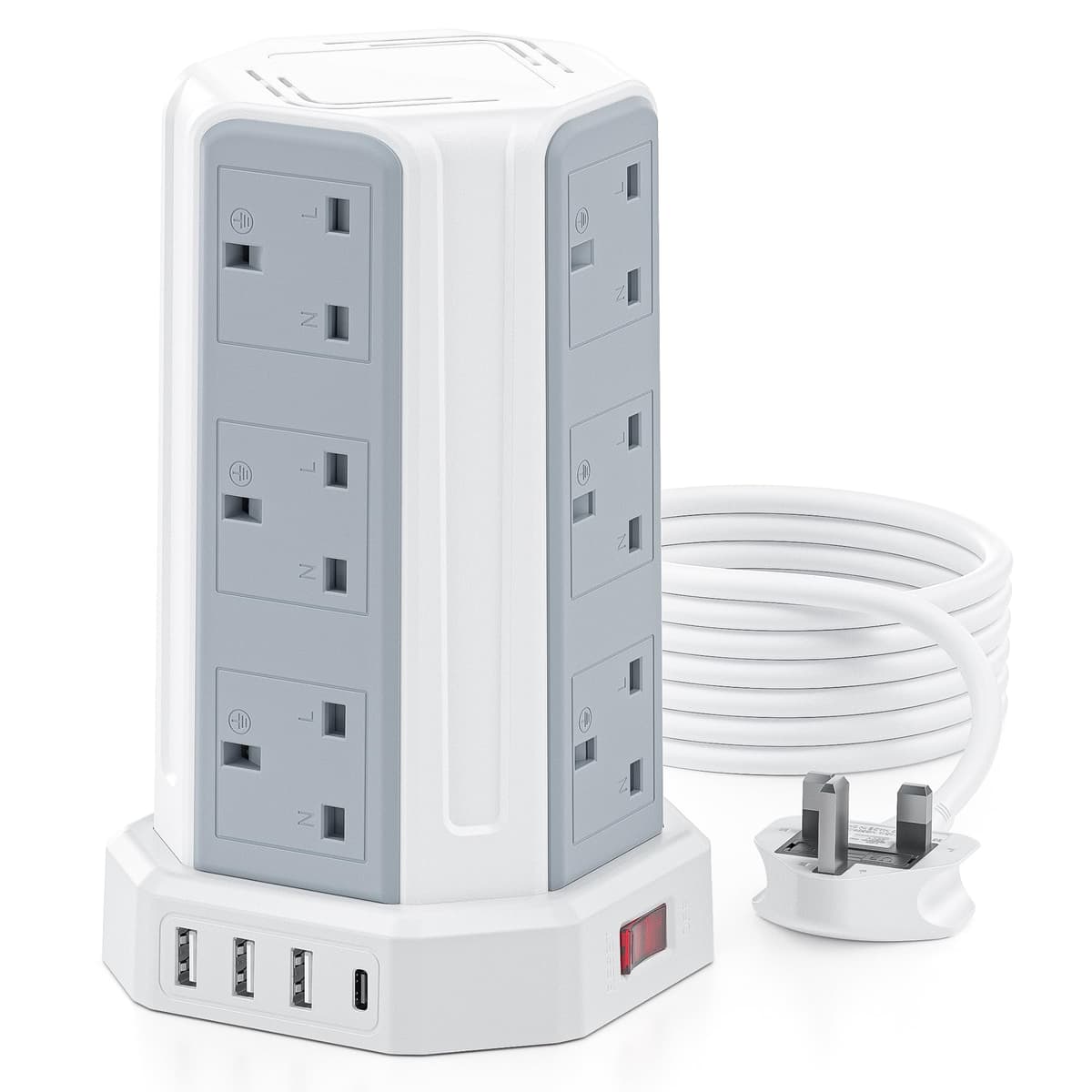 Tower Extension Lead, Aodeng 12 Way Extension Tower Multi Plug Extension Sockets with 4 USB Slots, [13A 3250W] Surge Protector Long Extension cable for Home, Office, Kitchen — view 8