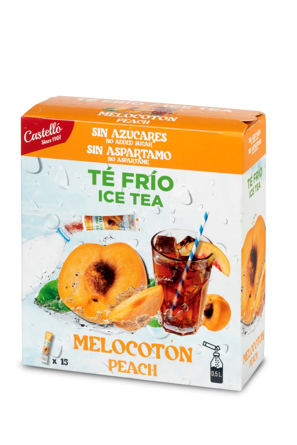 Castello since 1907 Té Frío (Ice Tea - Iced Tea) Zero & Instantáneo | Melocotón | 15 sobres | 1 sobre = 500 ml de Té | 0 Calorías | 0 Azúcar | 0 Aspartamo