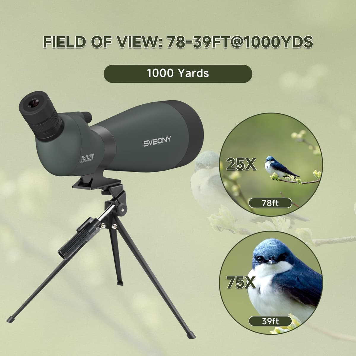 Svbony SV28 25-75x100mm Telescopio Terrestre con Trípode, Gran Campo de Visión Imágenes Claras y Brillantes, HD Bak4 FMC Telescopio Terrestre con Adaptador, para Tiro al Blanco, Observación de Aves — view 3