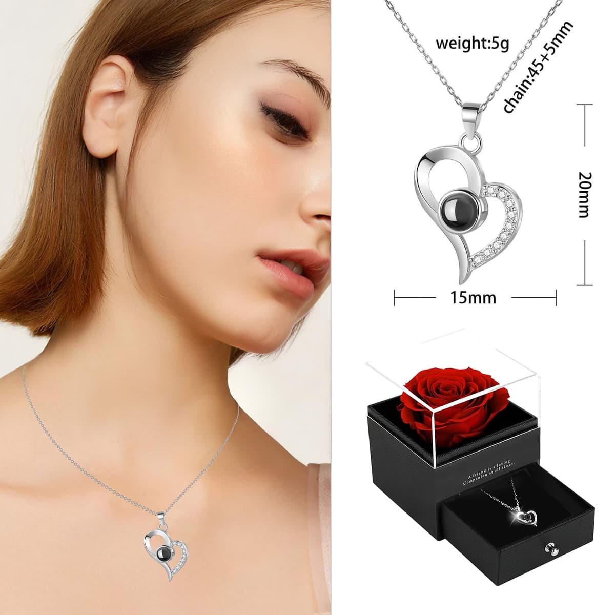 Zynxel Rosa Eterna, Regalos originales para mujer - Día de la Madre, San Valentín, Caja con Flores Estabilizadas, Collar Corazón de Perno, Regalo para Aniversario, Fiestas y Ocasiones Especiales — view 2