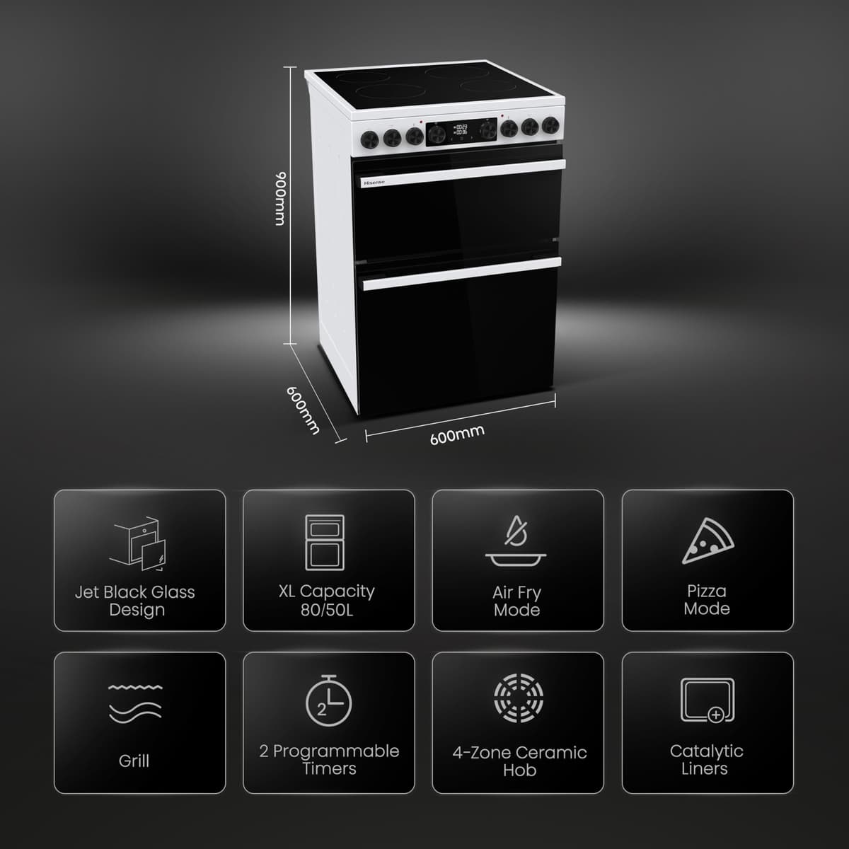 Hisense Hi6 Max 60cm Electric Cooker with Ceramic Hob HDCEC6C20W - White - A Rated — view 3