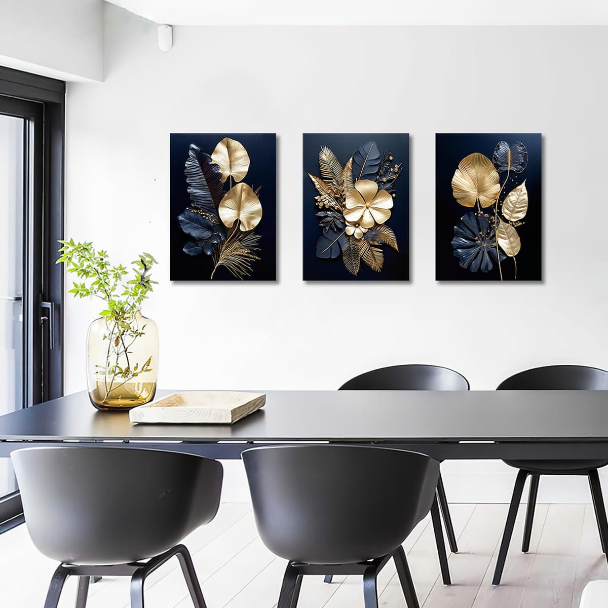 FajerminArt 3 Panels Modern Canvas Wall Art Navy Blue Gold Flowers Coconut Leaves Pictures Painting on Canvas Prints for Living Room Bedroom Office Wall Decoration Stretched On Frame 40x60cmx3Pcs — view 5