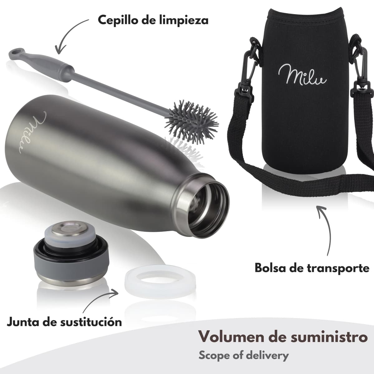 Milu Botella de acero inoxidable de 350ml 500ml 750 ml 1 L 1,5 L botella de agua aislada, termo a prueba de fugas, doble pared, apta para ácido carbónico + cepillo de limpieza (Azul Violeta, 350ml) — view 212