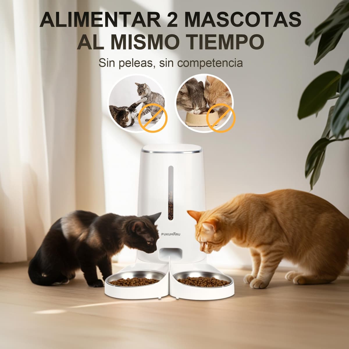 FUKUMARU WiFi Automatic Cat Feeder, 4L Food Dispenser for Dog/Cat with Two Bowls, Customized Program of Automatic Feeding, Battery Operated and Electrical Wiring, White — view 4