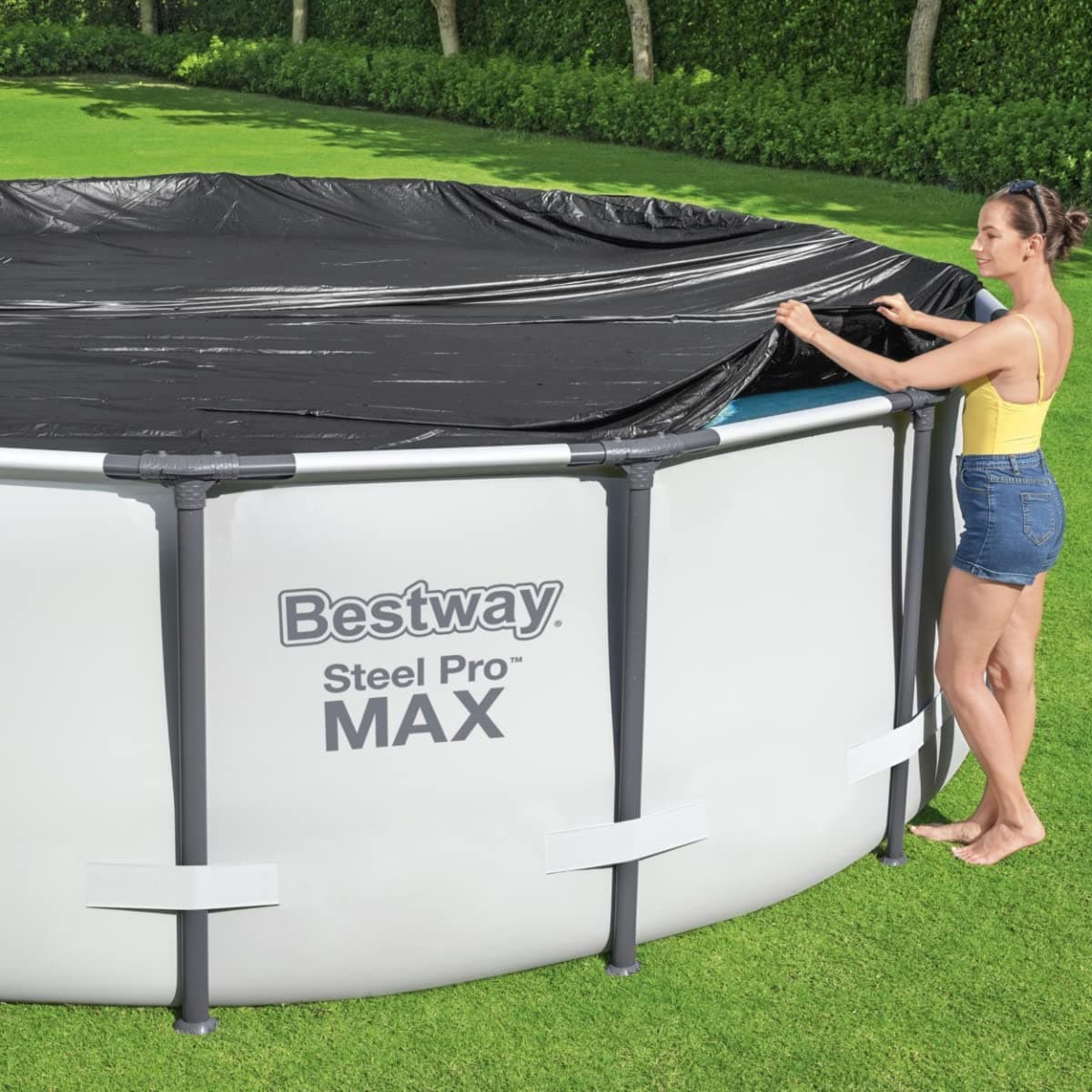 Bestway 58036-19 Flowclear Swimming Pool Cover for Steel Pro Max Round Pools, 10 ft, Black — view 2