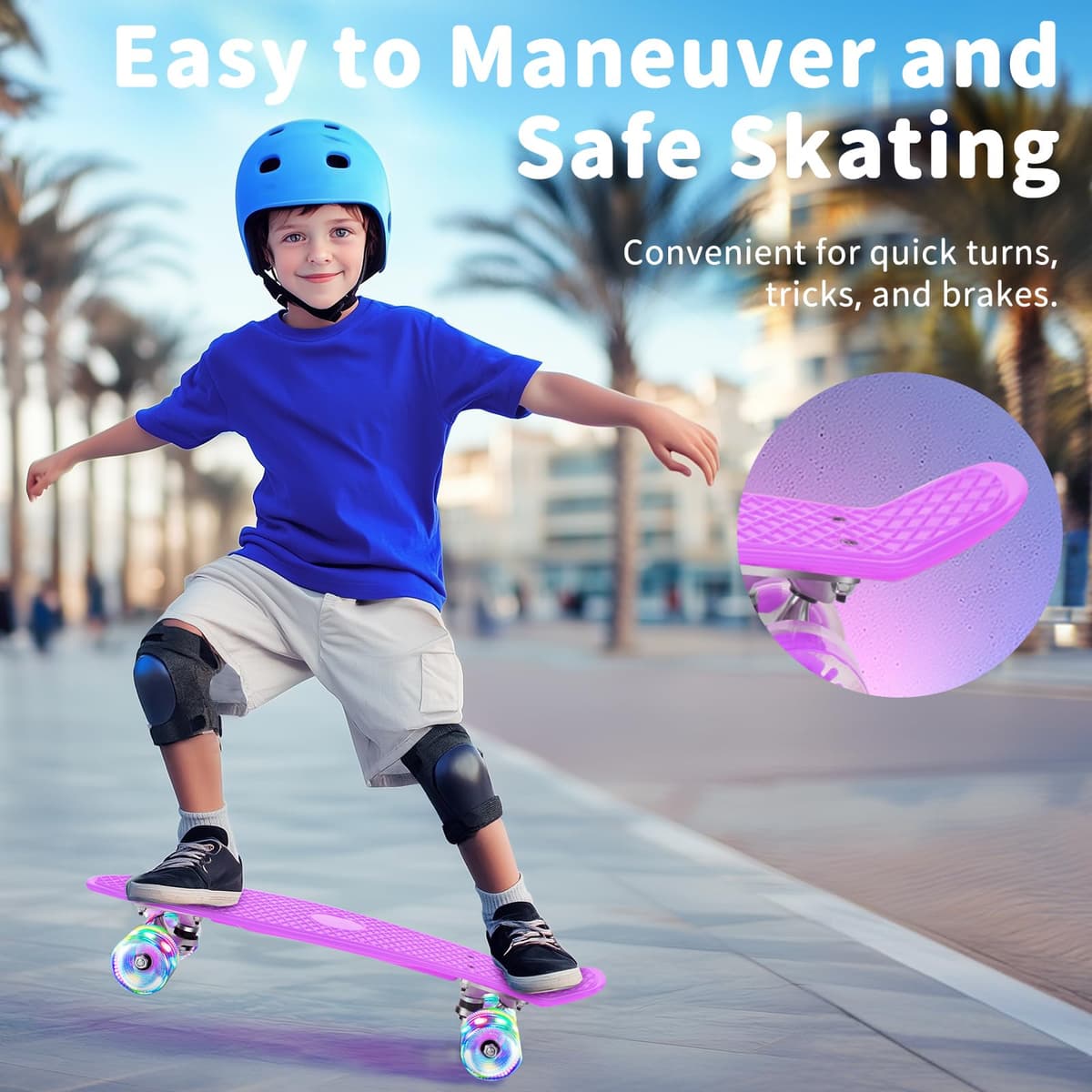BELEEV Skateboard Complete 22 x 6 Inch Mini, para Niños, Adolescentes, Principiantes, Ruedas con luz LED de PU con Herramienta en T para Patines Todo en Uno, Monopatín 55cm — view 3