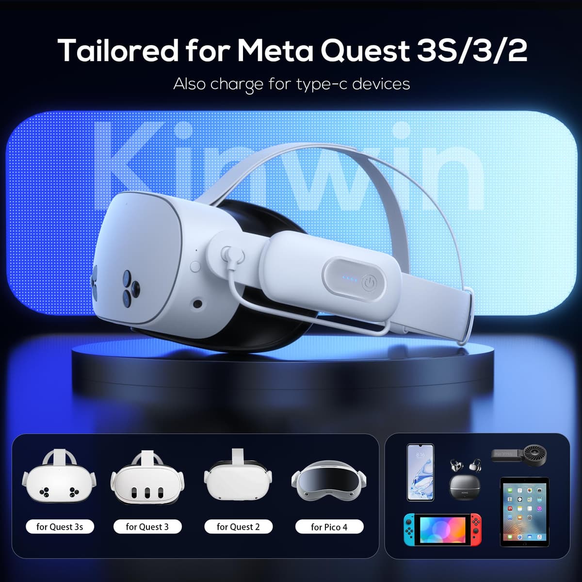 Kinwin Battery Pack for Meta Quest 3/3S/2, 2 * 20000mWh Extended Battery, 18W Fast Charging Battery for Oculus Quest 3S/3 Headset, Lightweight Charger VR Accessories for Quest Original & Elite Straps — view 3