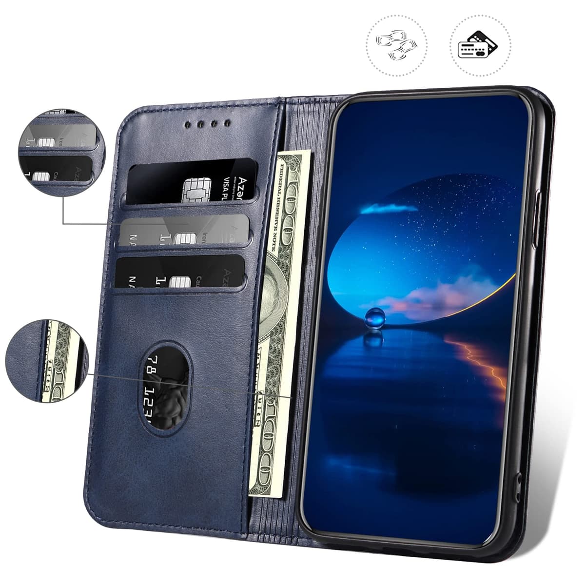 Case for OnePlus 10T 5G, Classic PU Leather Magnetic Wallet Case, Flip Folio Protective Phone Cover Compatible with OnePlus 10T 5G, Blue — view 3
