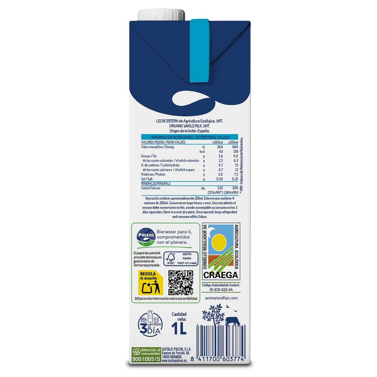 Puleva ECO - Leche Ecológica Entera BIO - Bienestar Animal - Brik UHT Pack 6 x 1L — view 2