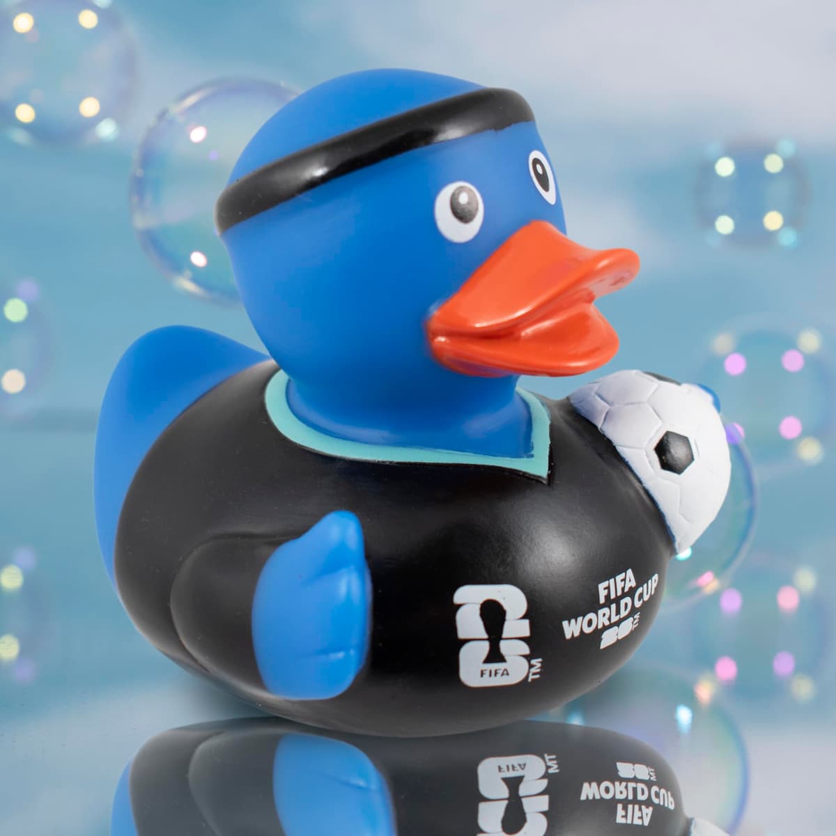 Hy-Pro Officially Licensed FIFA World Cup 2026 Rubber Duck - Bath Toy with Headband & Shirt Holding Ball, Collectible Football Mascot for Supporters, Fun & Nation Pride Display - Blue — view 4