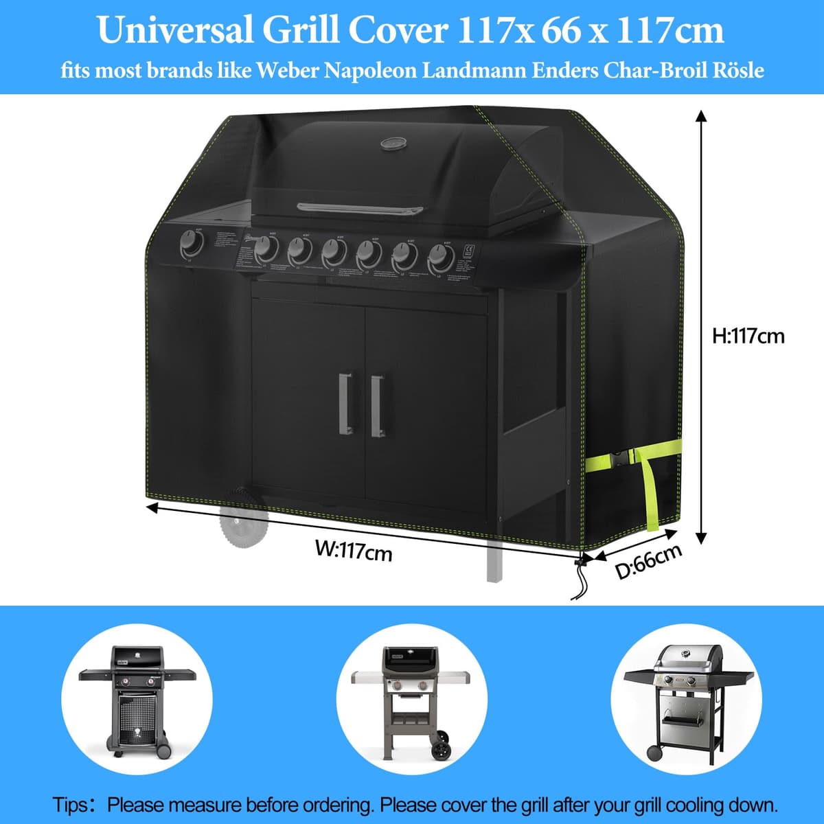 Funda Barbacoa Exterior Impermeable, VDISRR 420D Oxford Resistente al Desgarro Funda Protectora para BBQ 117 x 66 x 117 cm, Cubierta de Barbacoa Exterior Anti-Viento/Anti-Polvo/Anti-Humedad/Anti UV — view 2