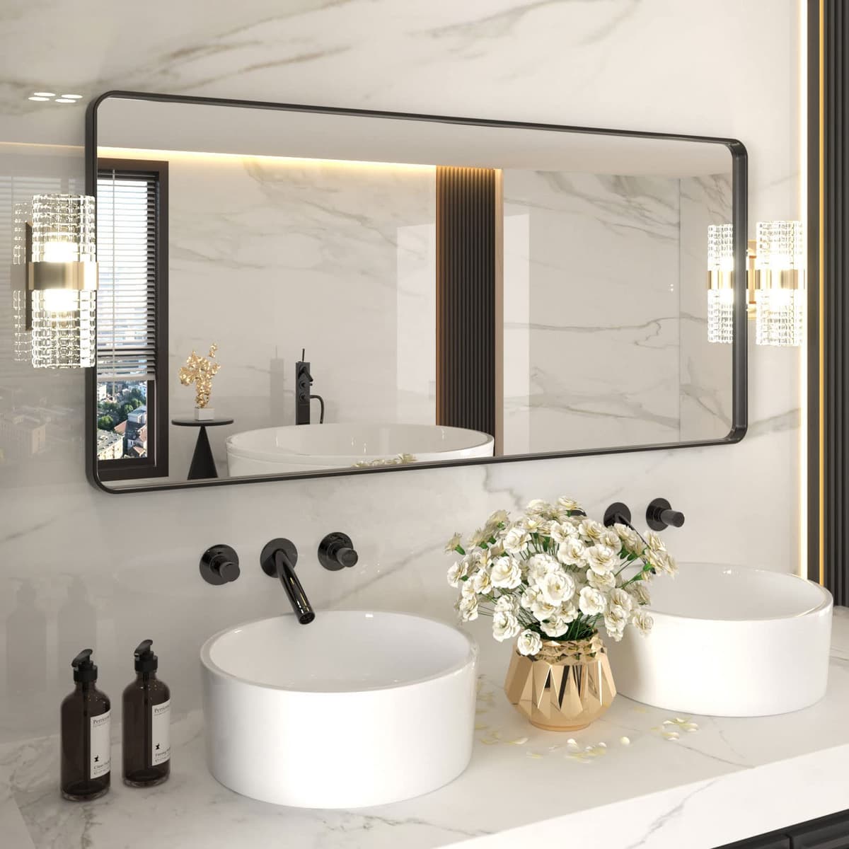 LOAAO 48”X36” Gold Bathroom Mirror, Rounded Rectangle Gold Frame Mirror, Brushed Gold Bathroom Vanity Mirror Wall-Mounted, Anti-Rust, Tempered Glass, Hangs Horizontally or Vertically — view 30