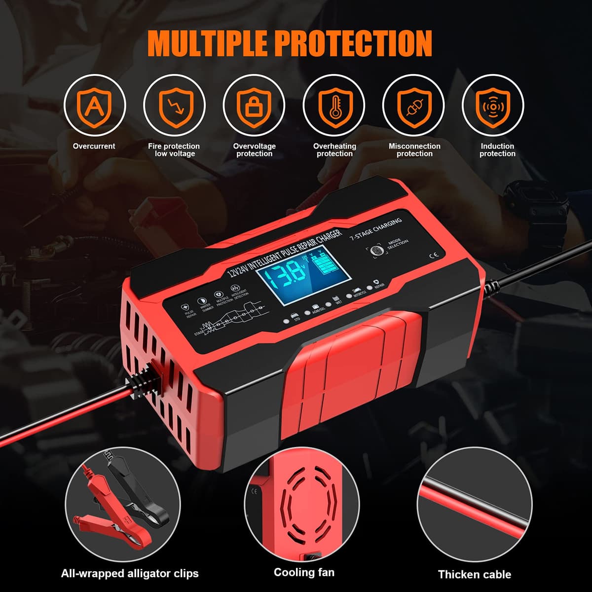 YONHAN Battery Charger 10-Amp 12V and 24V Fully-Automatic Smart Car Battery Charger, Battery Maintainer Trickle Charger, and Battery Desulfator with Temperature Compensation — view 7