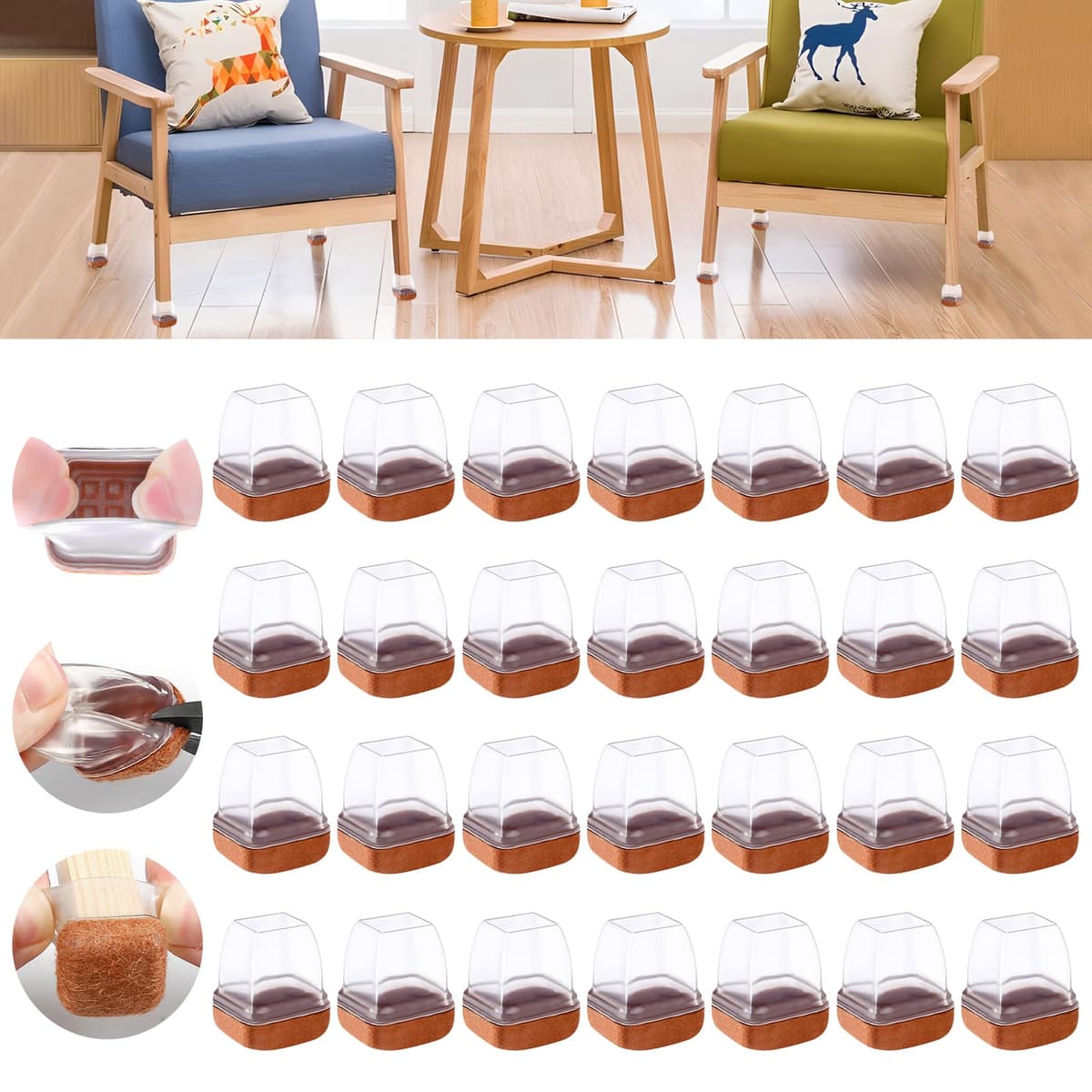 Ezprotekt Protectores de Suelo Transparentes para Patas de Silla 20-28mm, 16 Tapones de Silicona con Fieltro Envuelto, Fundas de Silicona Redondo — view 12