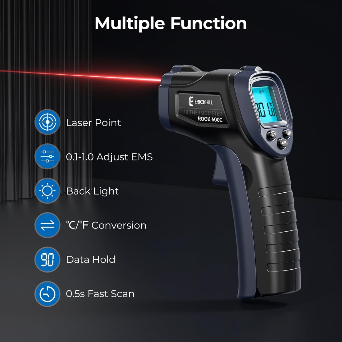 ERICKHILL Infrared Thermometer -50℃~600℃ Compact Size Non-Contact Laser Thermometer Gun LCD Backlit Digital Display Adjustable Emissivity - for Vehicle Repair/Cooking/BBQ/Freezer/Food, Black Blue — view 2