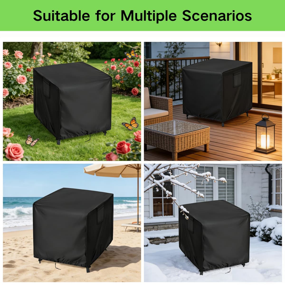Fire Pit Cover 84 x 84 x 61 cm, Waterproof Windproof Square Fire Pit Cover with Drawstring, 420D Heavy Duty Firepit Covers for Garden Fireplace, Fire Pit Table, Black — view 5