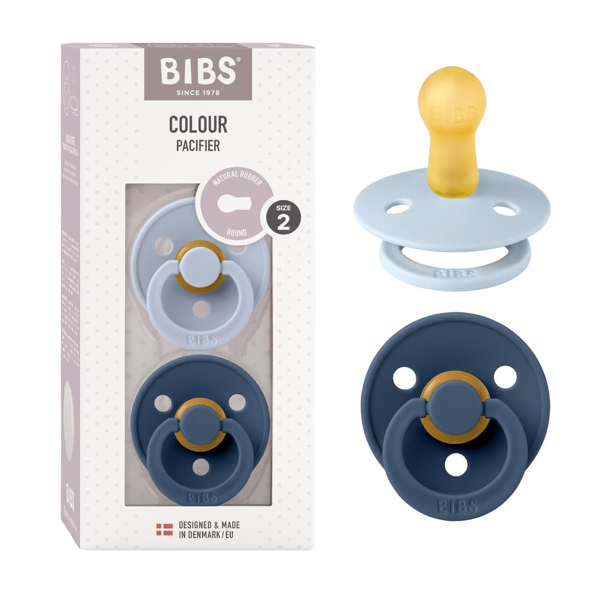 BIBS Colour Soother 2-Pack, BPA Free Dummy Pacifier, Round Nipple. Natural Rubber Latex, Size 2 (6-18 Months), Sky Blue/Steel Blue — view 94