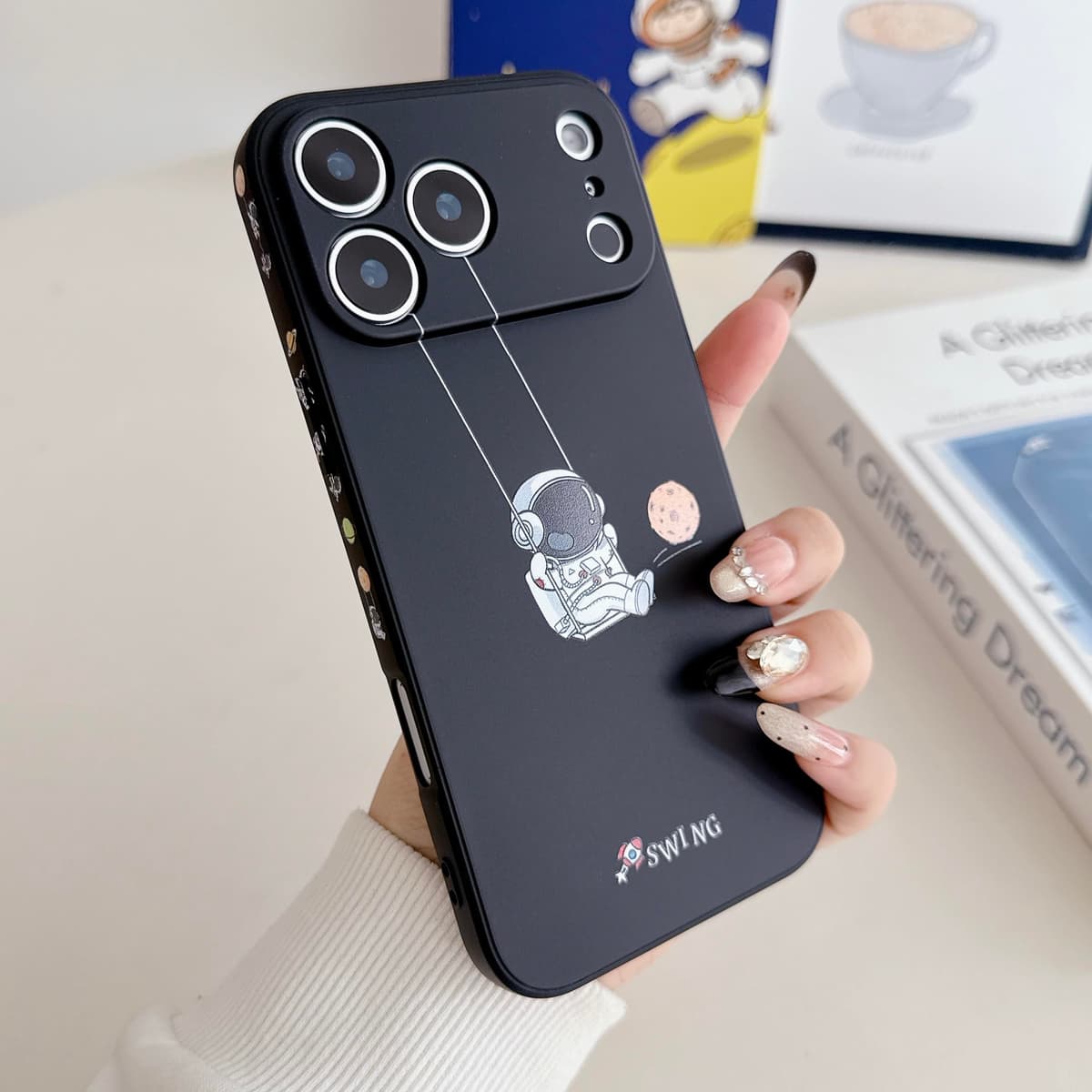 Yonds Queen for iPhone 17 Pro Cute Case, Cool Cartoon Swing Astronaut Planet Moon Space Design Stylish TPU Bumper Shockproof Anti-Slip Protector Fashion Case (Black Planet, iPhone 17 Pro) — view 3