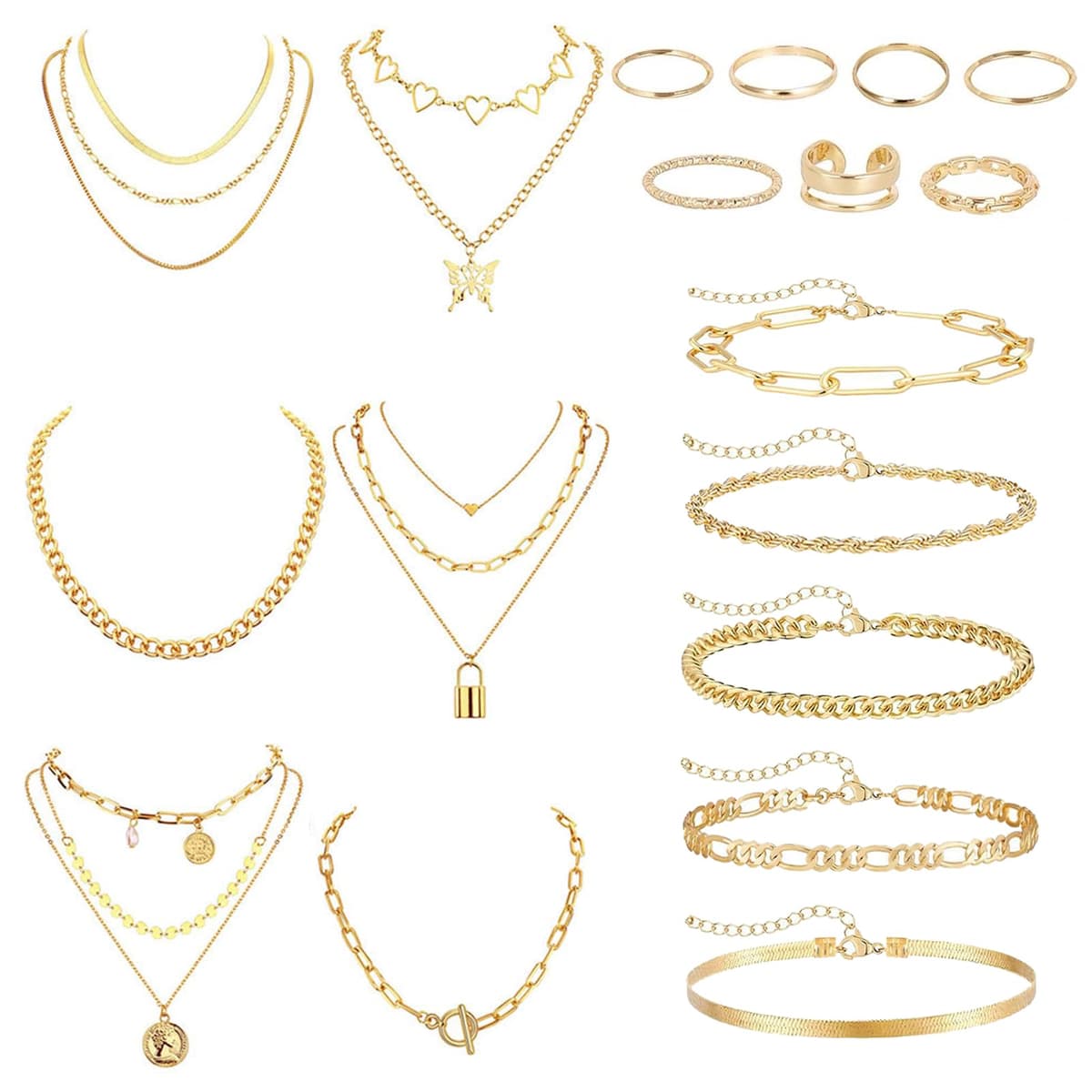 Joyas de Mujer - Set de 18 Piezas: Brazalete Dorado, Cadena y Collar Oro, Gargantilla y Choker Dorado, Bisutería, Joyería y Colgante para Mujeres, Oro