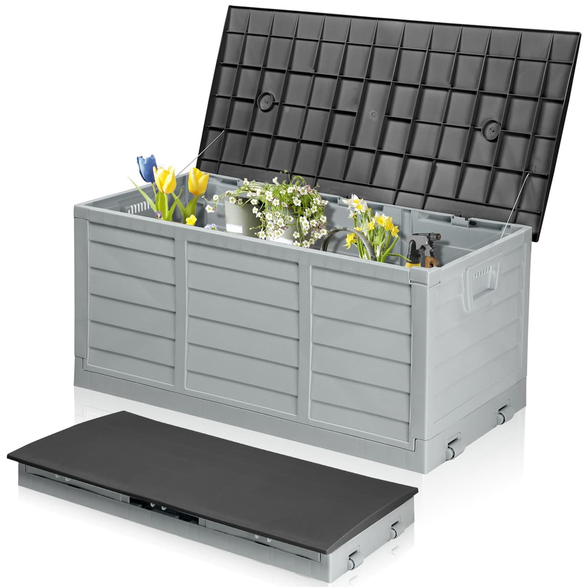 Foldable Garden Storage Box, 280L Outdoor Plastic Utility Chest Organiser with Strapped Lid, Weather Resistant, Portable, Ideal for Garden, Patio, Balcony, Decking, Grey&Black