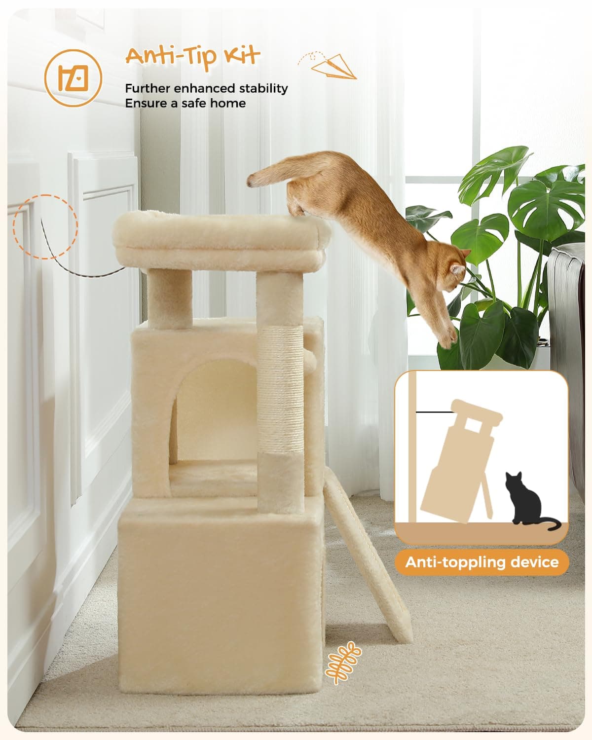 PETEPELA Cat Tree 77cm with Dual Condos for Indoor Cats, Small Cat Tower with Removable Perch and Scratching Posts Pad, Beige — view 3