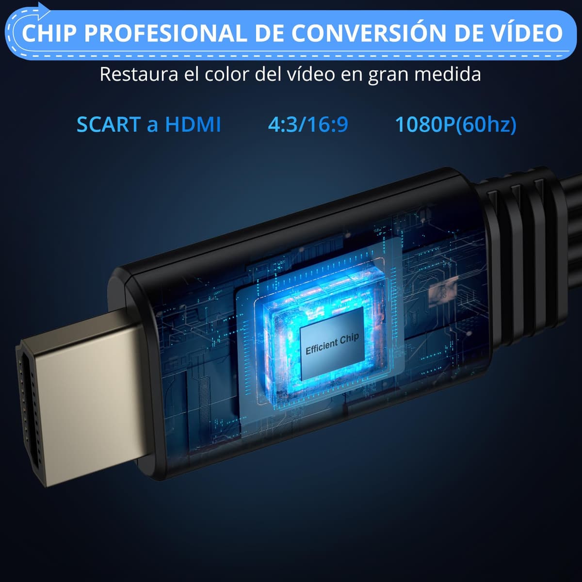 CAMWAY Adaptador SCART a HDMI con Switch 16:9/4:3, 1080P Convertidor Euroconector a HDMI con 150CM Cable SCART Macho Integrado, Diseño de Cable Todo en Uno, Compatible con PAL NTSC para DVD VCR VHS — view 2