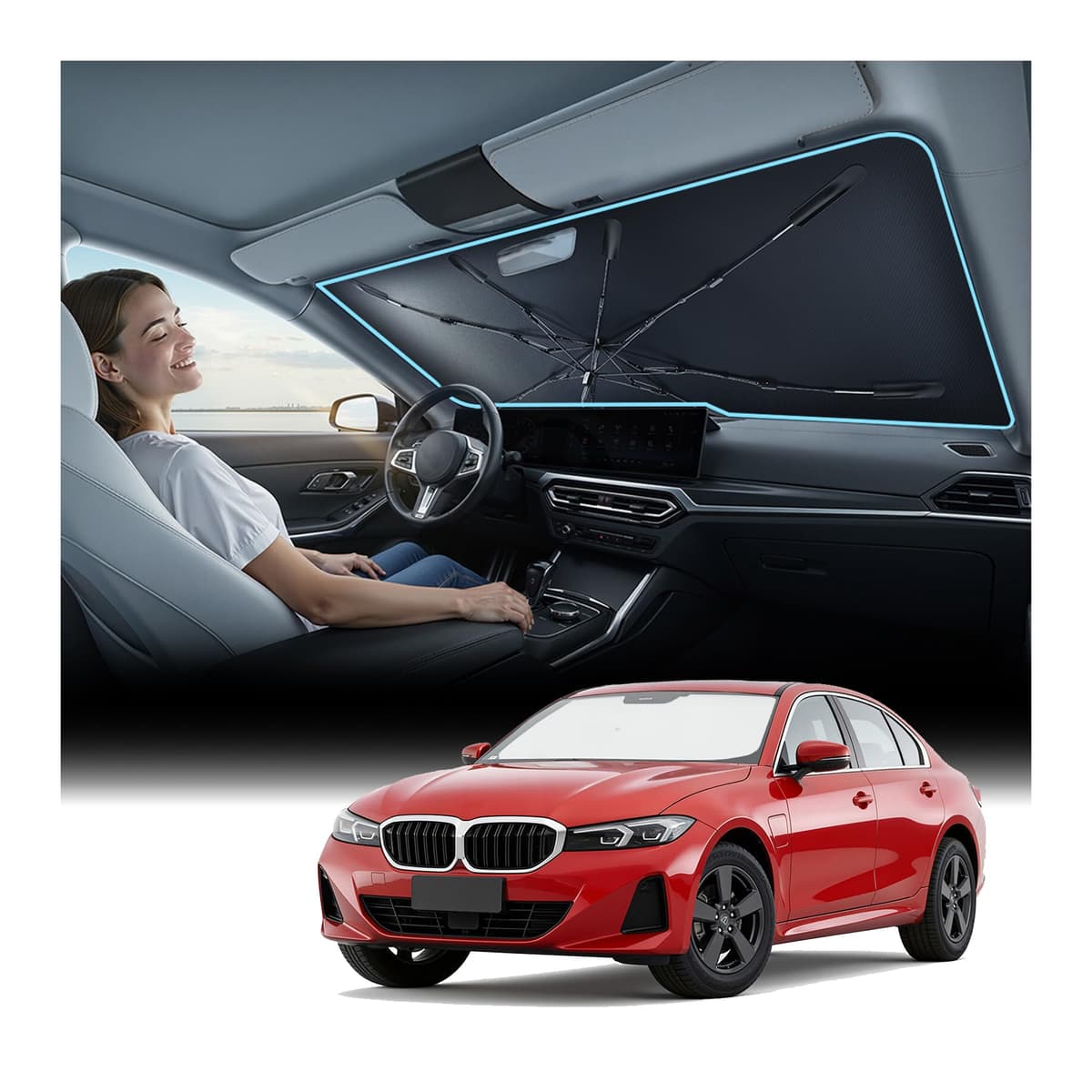 [Upgraded] Nmoiss Windshield Sun Shade Umbrella - [Vinyl Coating Heat Shield] Protect Car from Sun Rays & Heat Damage Keep Cool and Protect Interior, Spring Structure Edge Medium 56" L x 31" W — view 8