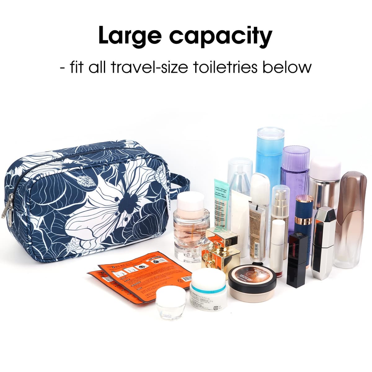 Travel Toiletry Wash Bag for Women Traveling Dopp Kit Makeup Bag Organizer for Toiletries Accessories Cosmetics (Blue Lotus) — view 3