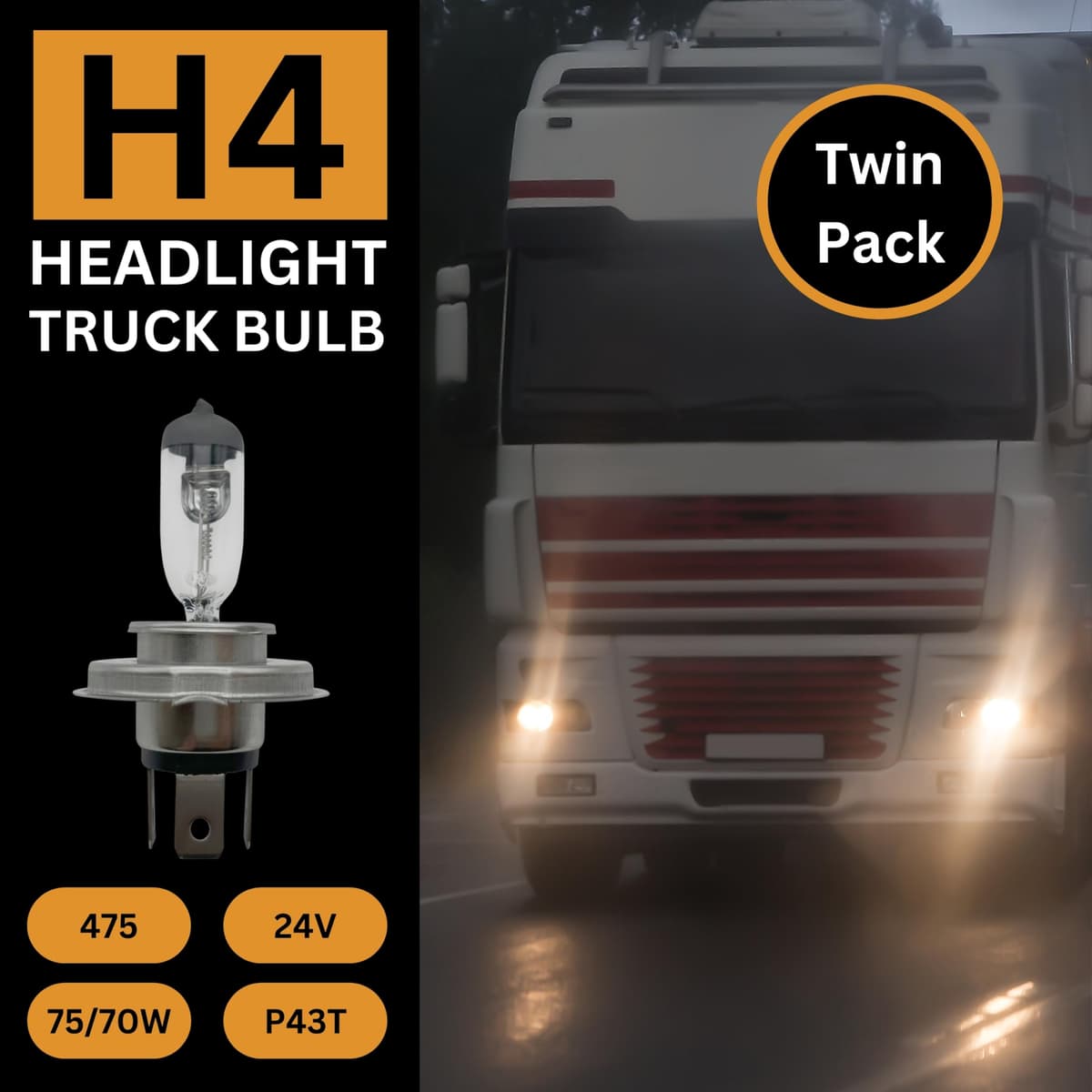 Tek Automotive Truck & Lorry H4 475 Headlight Bulbs 24V 75/70W Twin Pack – P43T Halogen E-Marked Road Legal — view 2