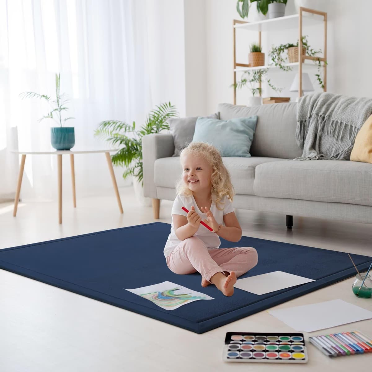 LEHOUR Engrosamiento Coral Terciopelo Alfombra Manta de rastreo para niños Alfombras Suaves de Tatami Antideslizante para niños Enlarge Play Mat (Azul Oscuro, 150 * 200CM) — view 2