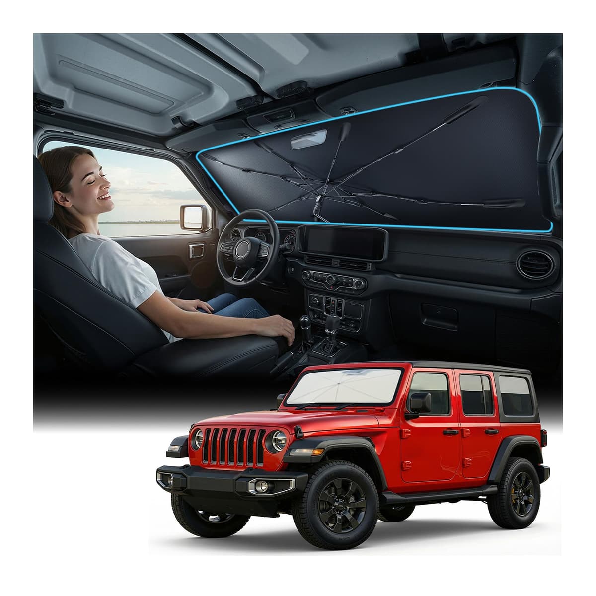 [Upgraded] Nmoiss Windshield Sun Shade Umbrella - [Vinyl Coating Heat Shield] Protect Car from Sun Rays & Heat Damage Keep Cool and Protect Interior, Spring Structure Edge Medium 56" L x 31" W — view 19