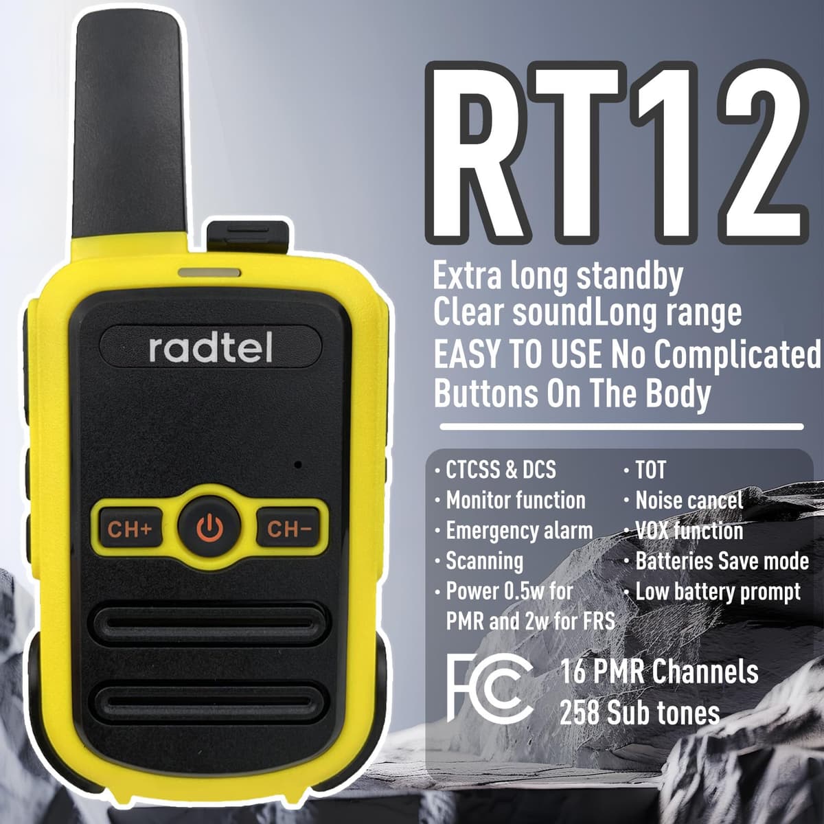 Radtel RT12 PMR446 Walkie Talkie Recargables 16 Canales Licencia Libre Radio CTCSS DCS Walky Walky Radiocomunicación con Carga Tipo USB para Construccion Restaurante Supermercado (Yellow) — view 2