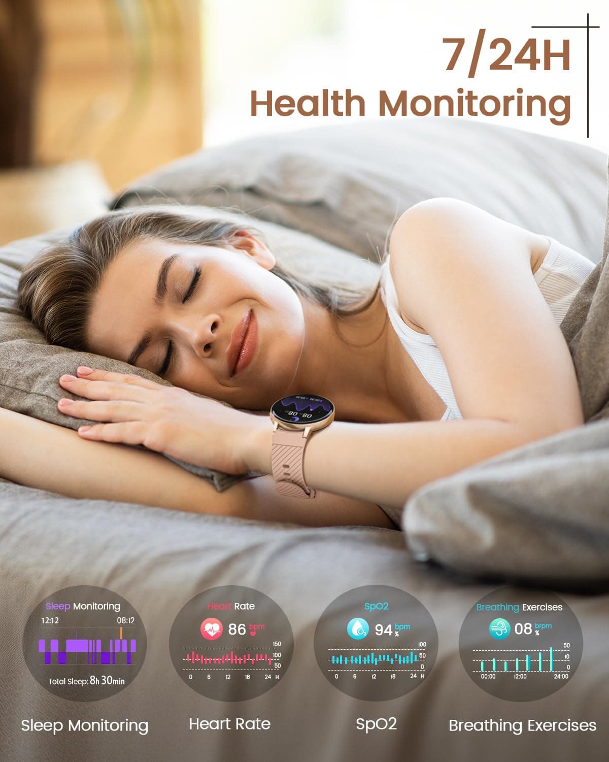 Reloj Inteligente Mujer, 1.39" HD Smartwatch Mujer con Llamadas/24H Sueño/Pulsómetro/SpO2, Función Femenina 120+ Modos Deportivos IP68 Pulsera Actividad Calorías Podómetro Android iOS Oro Rosa, Regalo — view 4