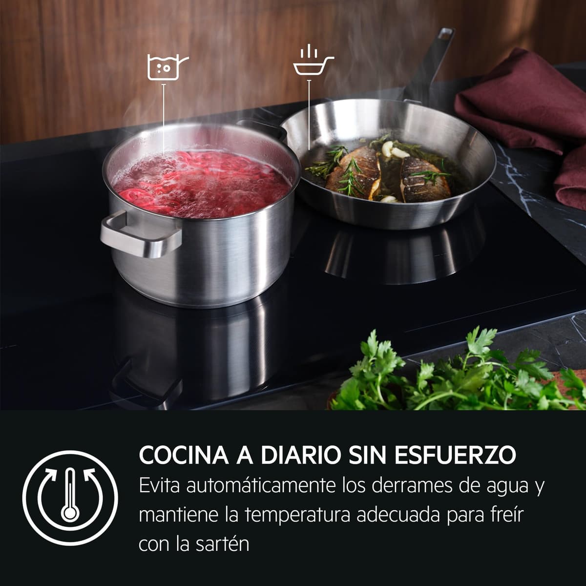 AEG TN63IP0BFB Placa de Inducción, 60 cm, 3 Zonas de Cocción, SenseBoil & SenseFry, FlexiPuente, Sistema Sistema Hob2Hood, Función PowerBoost y Pausa, Controles Deslizantes Independientes, Negro — view 3