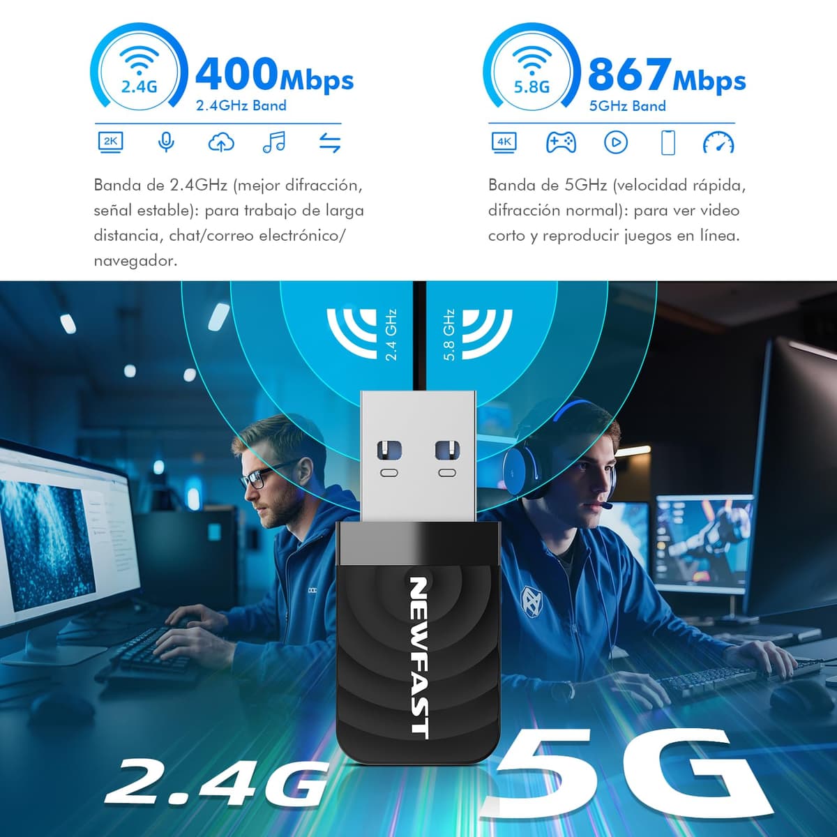NEWFAST Adaptador WiFi USB para PC 1300Mbps, 5GHz/2,4GHz Receptor WiFi, Dongle Wi-Fi Antena Wi-Fi USB3.0, Compatible Windows 11/10/8/8.1/7,Mac OS 10.9-10.15 — view 2