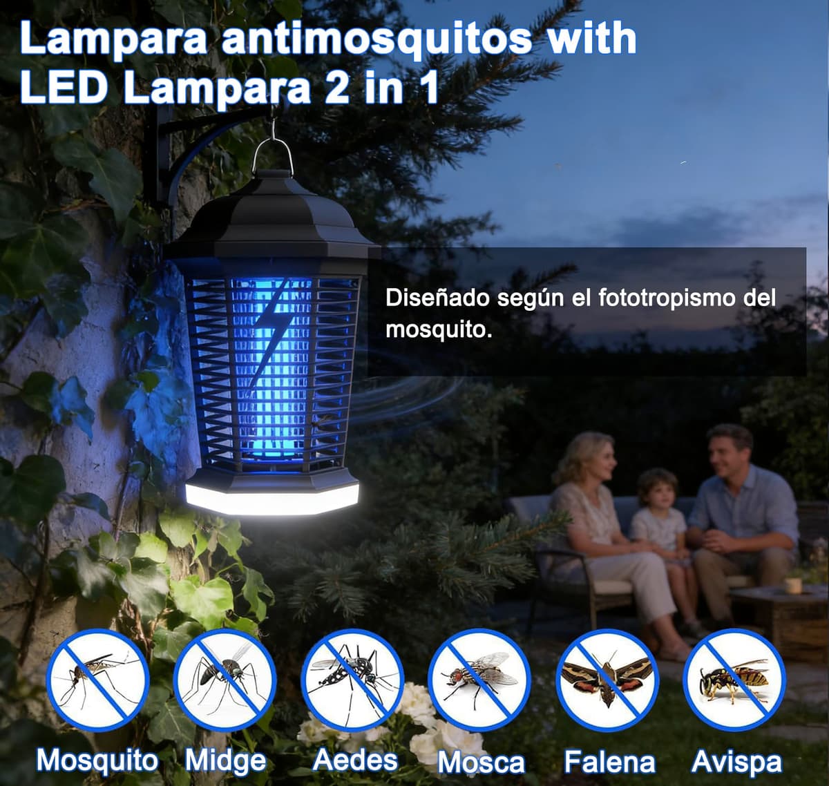 Lámpara antimosquitos con iluminación LED, 4000V 18W UV Mata Mosquitos electrico, No tóxico e Inodoro, Resistente IPX4, Atrapa eficazmente Mosquitos, Moscas y Polilla — view 2