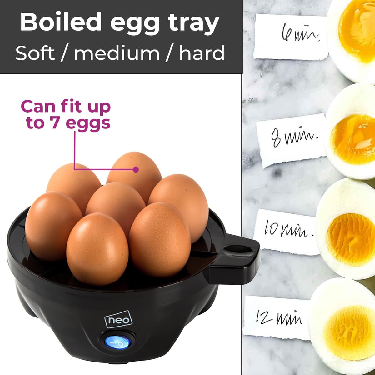 Neo 3 in 1 Durable Kitchen Electric Egg Cooker, Boiler, Poacher Poached Boiled & Omelette Maker Metal Machine Steamer with Timer (Black and Silver) — view 5