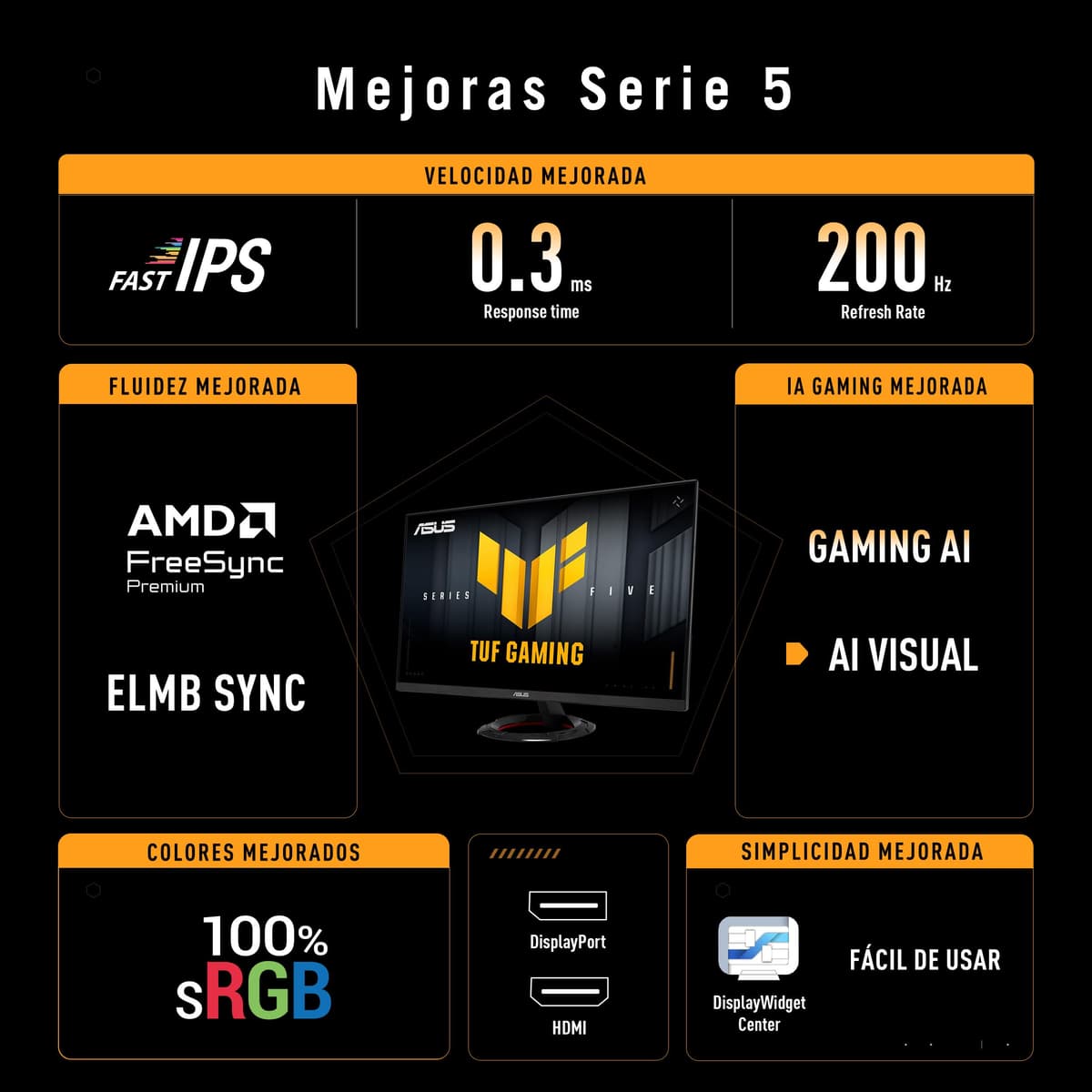 ASUS TUF Gaming VG279Q5R - Monitor de 27", Full HD (1920 x 1080), 200 Hz, Fast IPS, ELMB, 0,3 ms GTG (mín.), Altavoces estéreo, DisplayWidget Center, AI Visual — view 3