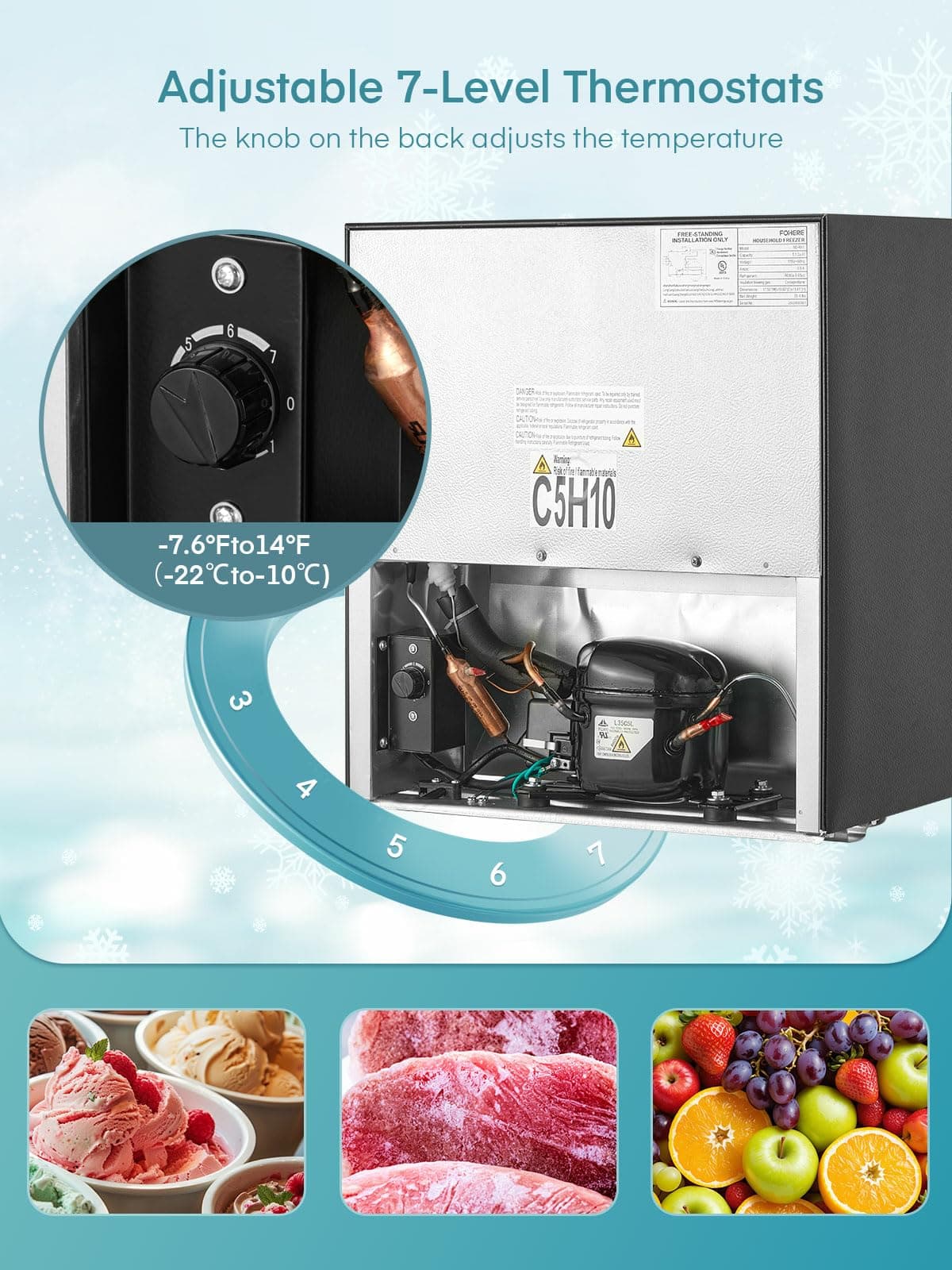 FOHERE 32L Table Top Mini Freezer, Small Freezer with 7 Adjustable Temperature, Energy Efficient, 4 Star Freezing,Removable Wire Shelf for Bedrooms/Home/Apartment/Office, New Black — view 4