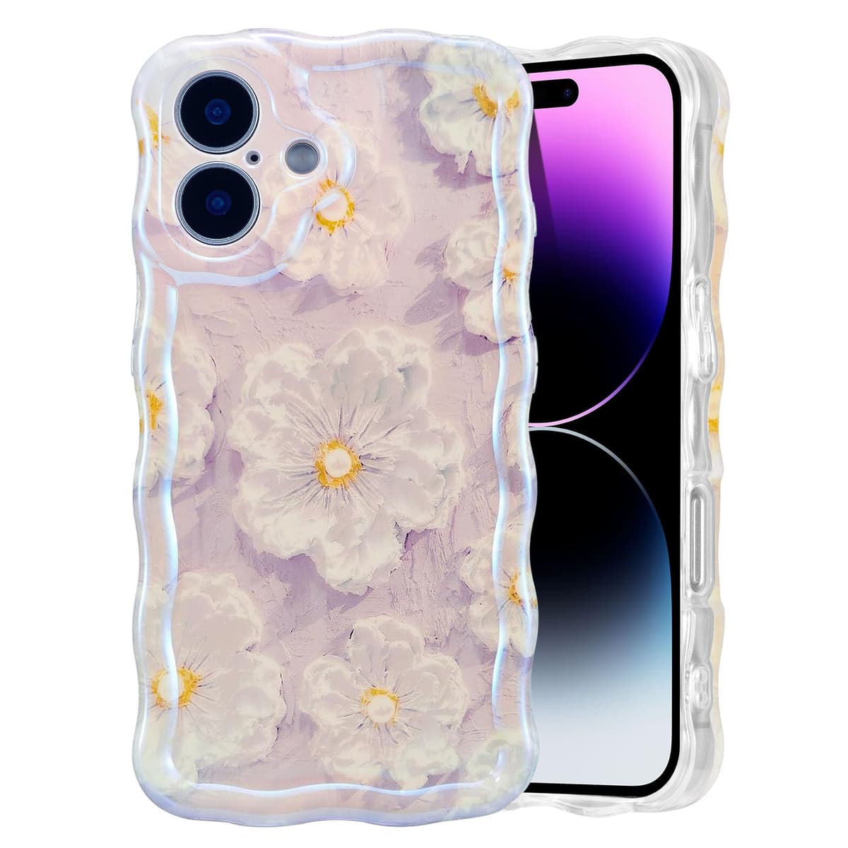 EYZUTAK Case for iPhone 16, Colorful Retro Oil Painting Printed Flower Laser Glossy Pattern Cute Curly Wave Edge Exquisite Phone Cover Stylish Durable TPU Protective Case for Girl Women-Green — view 83