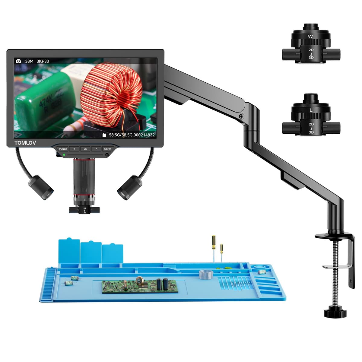 TOMLOV TM3K-3D IPS Digital Microscope with Dual Magnetic Lenses, 3D HDMI Soldering Microscope for Adults, Magnifier 3K Coins with LED, Repair Pad, Flexible Arm, 64GB — view 10