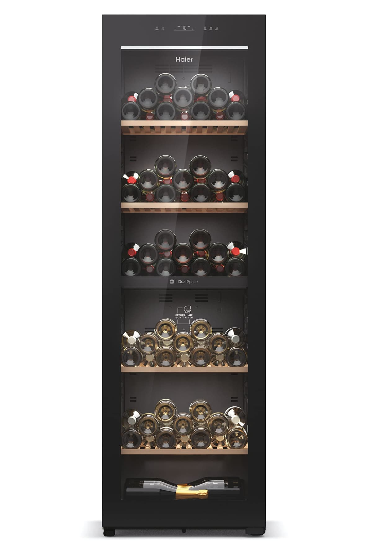 Haier Wine Bank 60 Series 7 HWS236GDEH1- Vinoteca 236 botellas, WIFI, 2 Zonas independientes, Estantes de madera, Filtro Anti-UV, Filtro de carbón, Display Digital, Iluminación LED 3D, 35 dbA, Negra