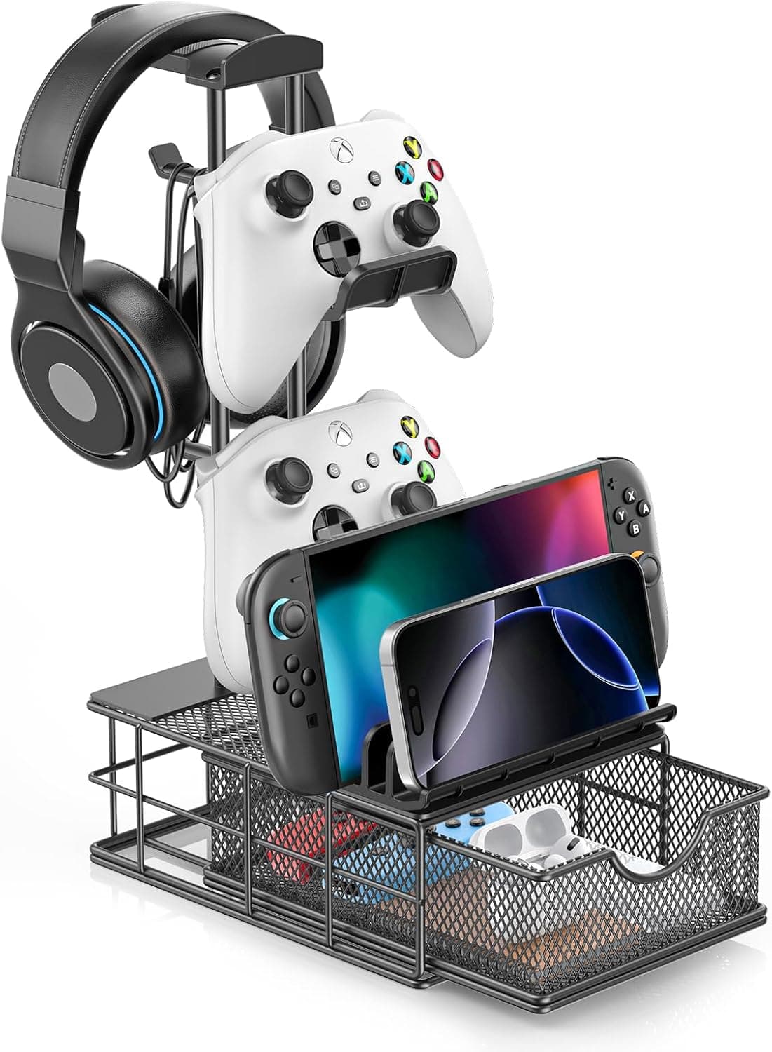 KDD Gaming Headset Stand with Drawer, Universal Stand Controller & Headphone Holder Table with Cable Organizer, Controller Hook with Aluminium Support Bar for Gaming Accessories Gaming PC
