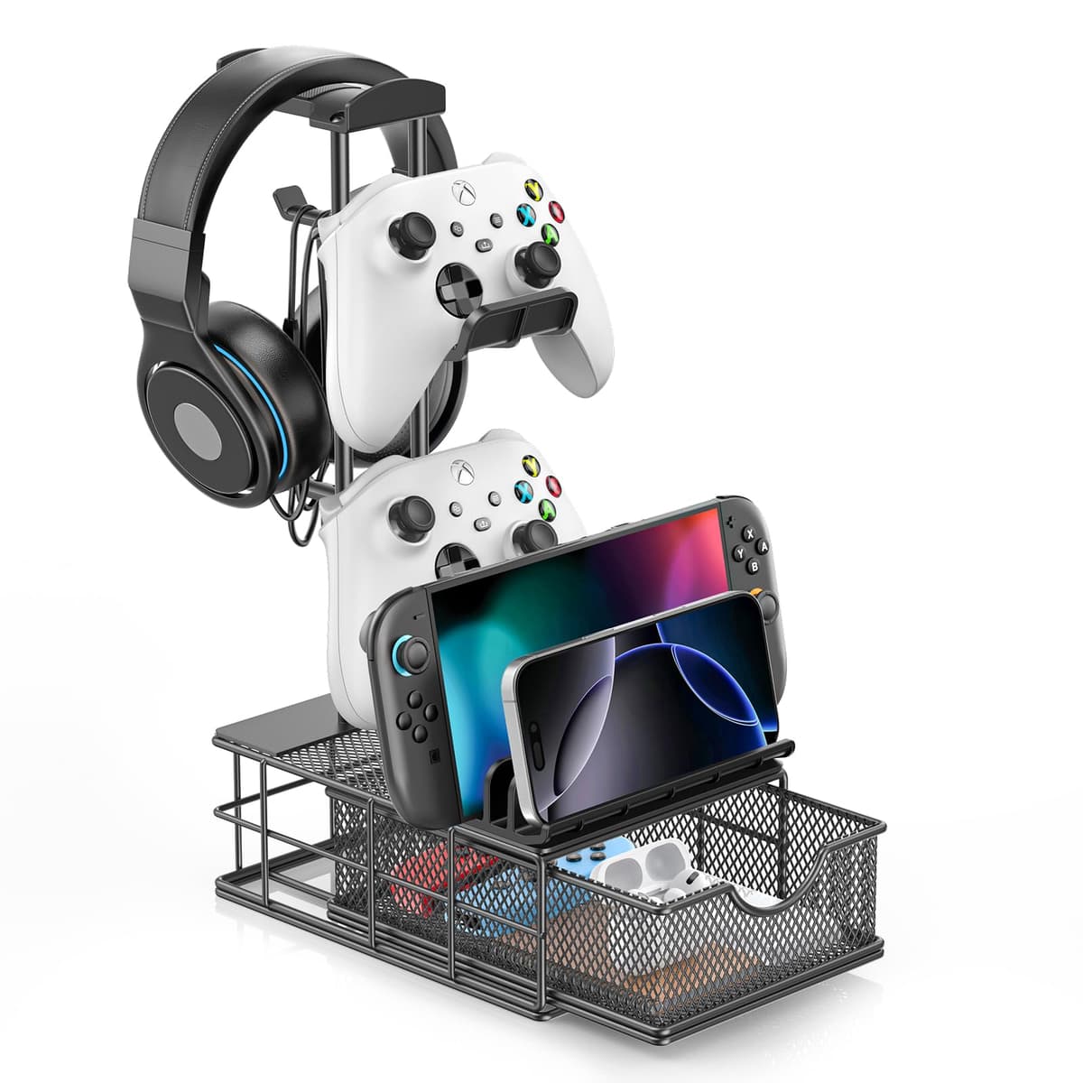 KDD Gaming Headset Stand with Drawer, Universal Stand Controller & Headphone Holder Table with Cable Organizer, Controller Hook with Aluminium Support Bar for Gaming Accessories Gaming PC