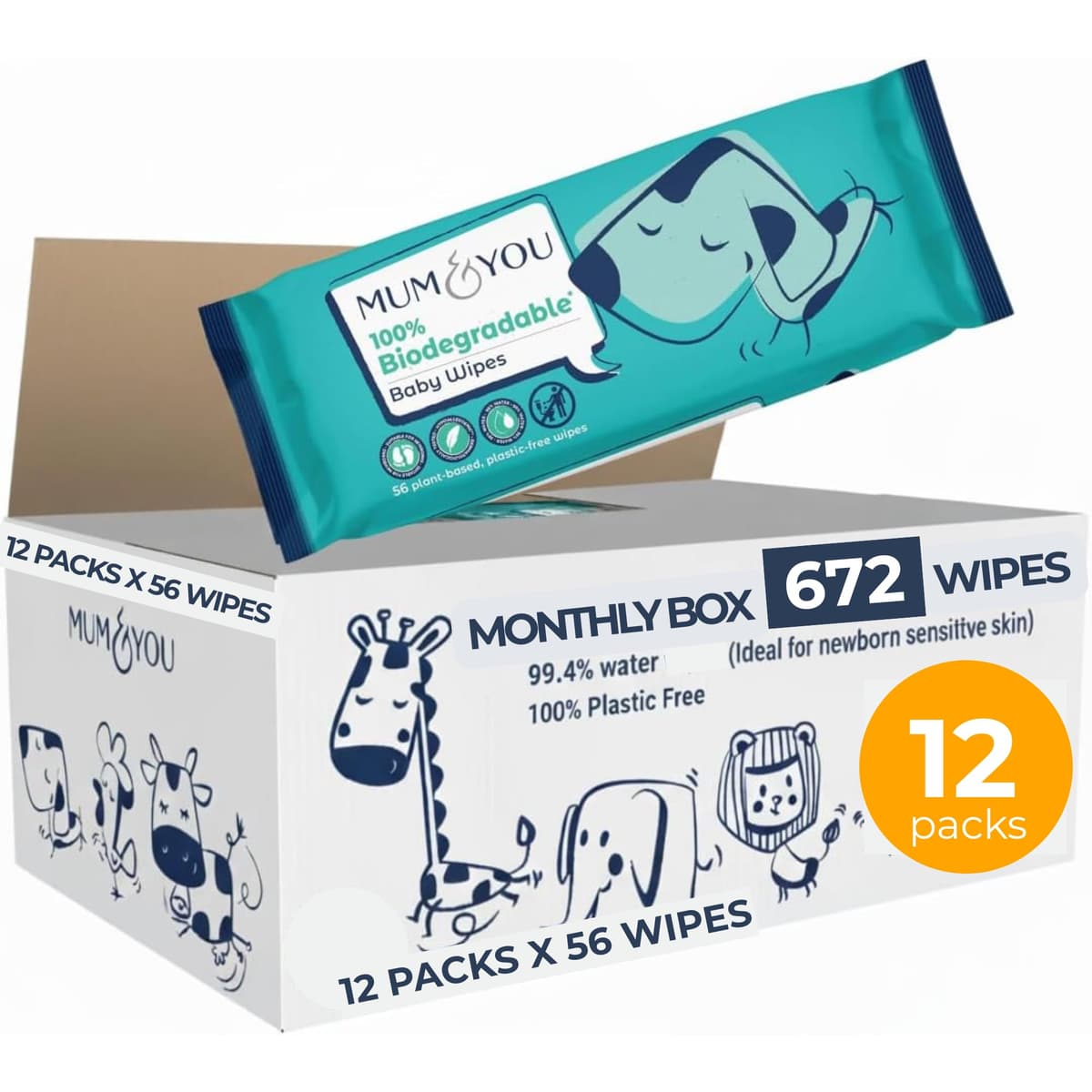 Mum & You Baby Wipes Multipack - 672 Biodegradable Wet Wipes (12 Packs) | 99.4% Water. Ideal for Sensitive Newborn Skin | Baby Wipes Bulk, Bum Wipes, Wet Tissue, wet wipes baby — view 2