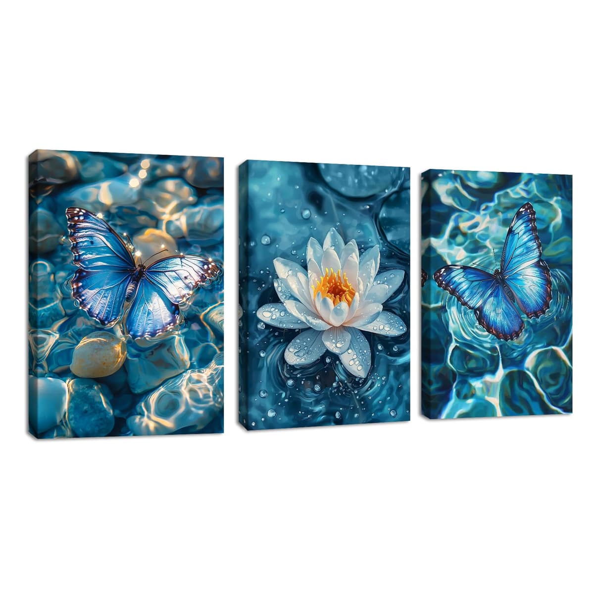 3Pcs Blue Grey Zen Canvas Wall Art, White Lotus Flowers Butterfly Meditation Spiritual Wall Paintings White Lotus Blooming on Stones in Lake Wall Pictures Room Decor for Yoga Spa Room Decor 30x40cmx3 — view 26