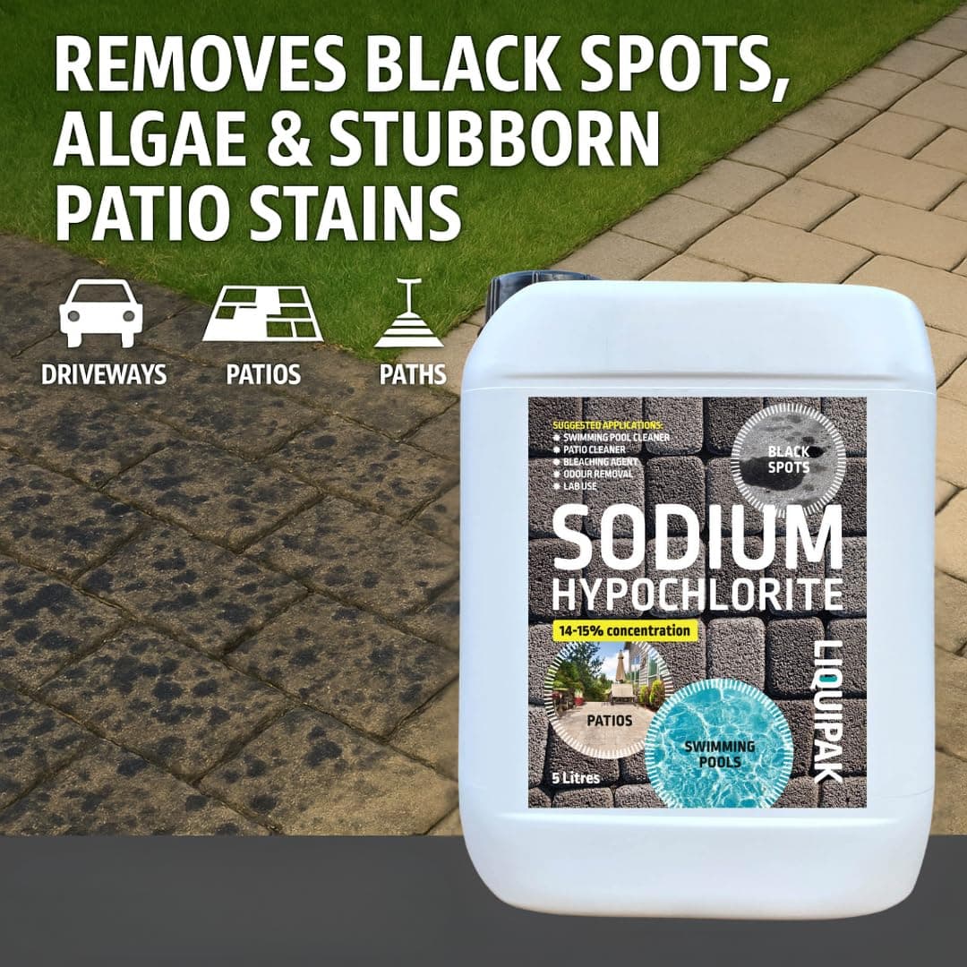 Liquipak Sodium Hypochlorite 20 Litres Patio Cleaner (4x5L) | High Strength 14-15% Concentration | Swimming Pool Liquid Chlorine & Black Spot Remover | Bleach Solution — view 5
