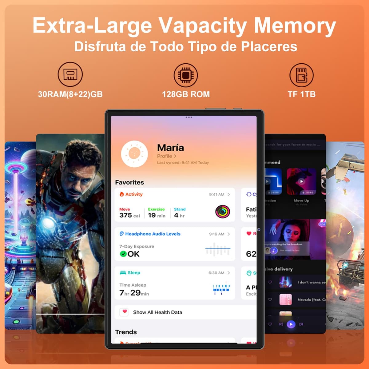 10 Pulgadas Android 15 Tablet 8000mAh Octa-Core, 30 GB RAM + 128 GB ROM (2 TB TF),Widevine L1,FHD IPS,USB-C, Wi-Fi 5G, BT5.0, 5MP+8MP, Pantalla Táctil, Facial ID, Tableta PC con Teclado y Ratón — view 3